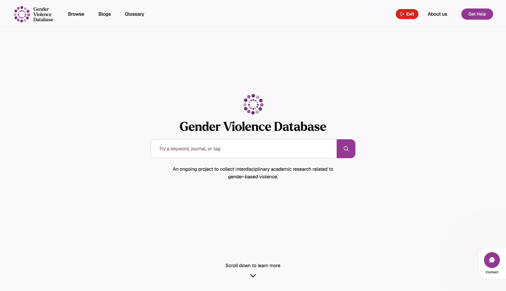 Redesigned Gender Violence Database homepage
